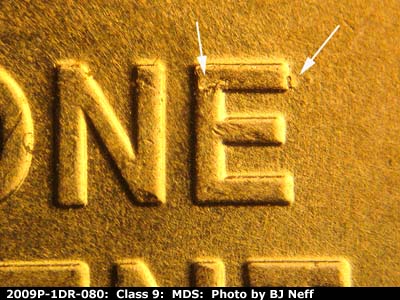 Die-stage B marker on 2009P•1DR•080 (2009 Doubled Die Reverse).