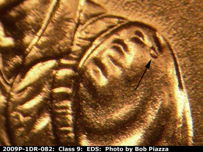 Die-stage A marker on 2009P•1DR•082 (2009 Doubled Die Reverse).