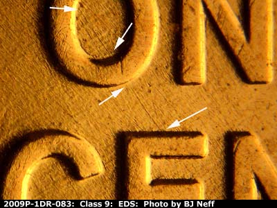 Die-stage A marker on 2009P•1DR•083 (2009 Doubled Die Reverse).