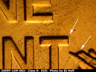 Die-stage A marker on 2009P•1DR•083 (2009 Doubled Die Reverse).