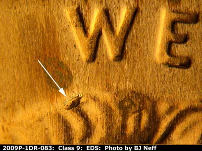Die-stage A marker on 2009P•1DR•083 (2009 Doubled Die Reverse).