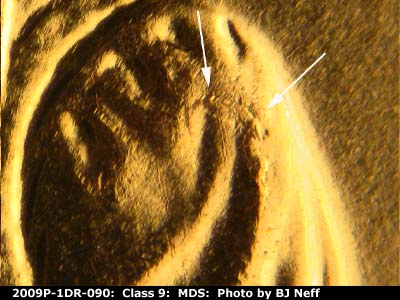 Die-stage B marker on 2009P•1DR•090 (2009 Doubled Die Reverse).