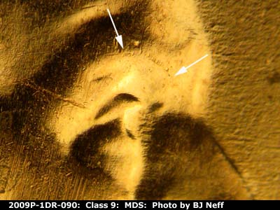 Die-stage B marker on 2009P•1DR•090 (2009 Doubled Die Reverse).