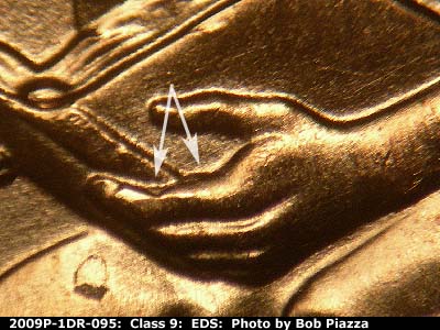 Die-stage A marker on 2009P•1DR•095 (2009 Doubled Die Reverse).