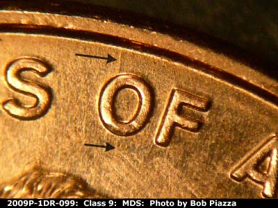 Die-stage B marker on 2009P•1DR•099 (2009 Doubled Die Reverse).
