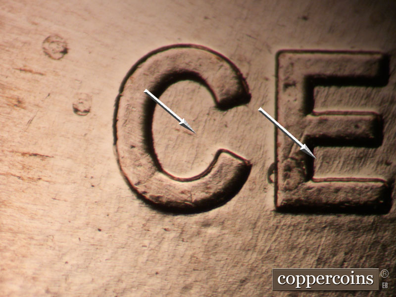 Die-stage B marker on 2009P•1DR•100 (2009 Doubled Die Reverse).