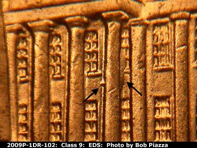 Die-stage A marker on 2009P•1DR•102 (2009 Doubled Die Reverse).