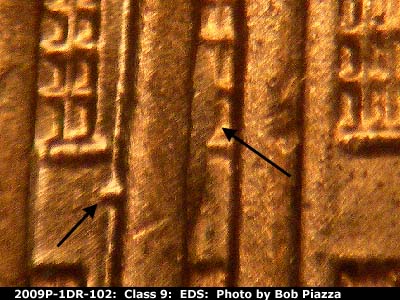 Die-stage A marker on 2009P•1DR•102 (2009 Doubled Die Reverse).