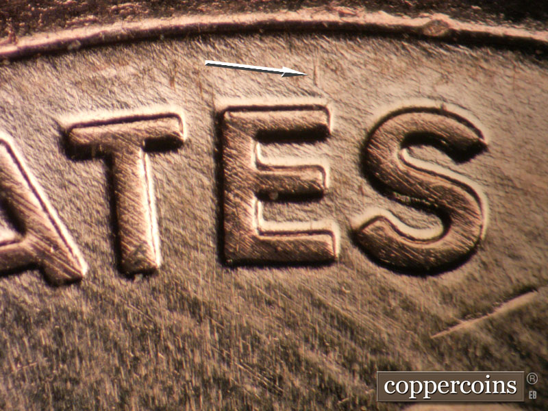 Die-stage A marker on 2009P•1DR•103 (2009 Doubled Die Reverse).