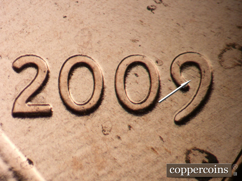 Die-stage A marker on 2009P•1DR•103 (2009 Doubled Die Reverse).
