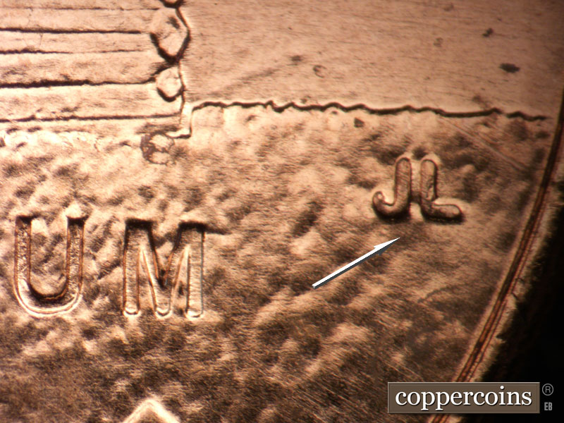 Die-stage A marker on 2009P•1DR•106 (2009 Doubled Die Reverse).