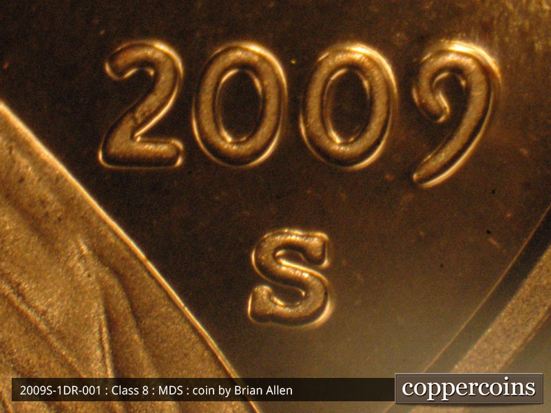Die-stage B marker on 2009S•1DR•001P (2009 Doubled Die Reverse).