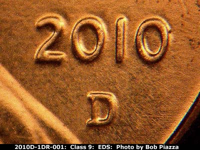 Die-stage A marker on 2010D•1DO•001 (2010 Doubled Die Obverse).