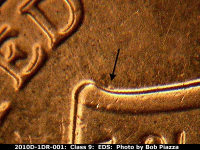 Die-stage A marker on 2010D•1DO•001 (2010 Doubled Die Obverse).