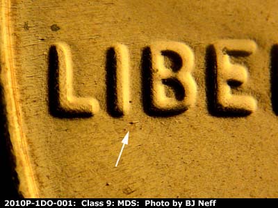 Die-stage B marker on 2010P•1DO•001 (2010 Doubled Die Obverse).