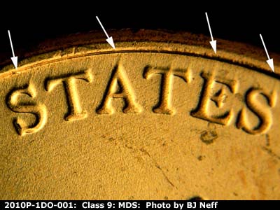Die-stage B marker on 2010P•1DO•001 (2010 Doubled Die Obverse).