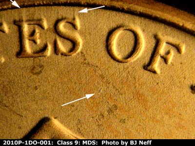 Die-stage B marker on 2010P•1DO•001 (2010 Doubled Die Obverse).