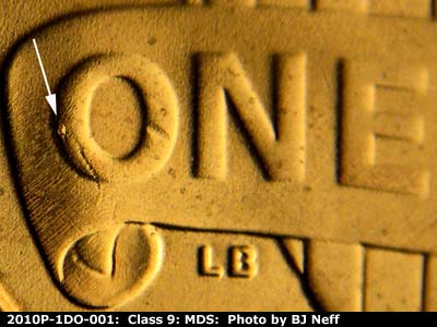 Die-stage B marker on 2010P•1DO•001 (2010 Doubled Die Obverse).