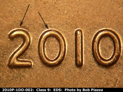 Die-stage A marker on 2010P•1DO•002 (2010 Doubled Die Obverse).