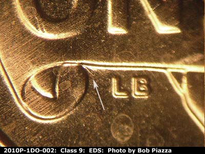 Die-stage A marker on 2010P•1DO•002 (2010 Doubled Die Obverse).