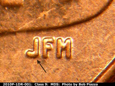 Die-stage B marker on 2010P•1DR•001 (2010 Doubled Die Reverse).