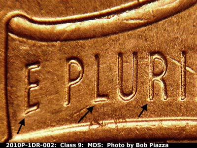 Die-stage B marker on 2010P•1DR•002 (2010 Doubled Die Reverse).