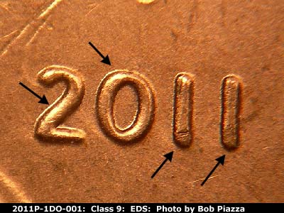 Die-stage A marker on 2011P•1DO•001 (2011 Doubled Die Obverse).