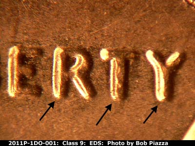 Die-stage A marker on 2011P•1DO•001 (2011 Doubled Die Obverse).