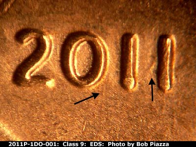 Die-stage A marker on 2011P•1DO•001 (2011 Doubled Die Obverse).