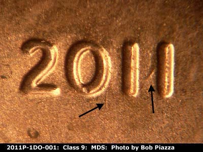 Die-stage B marker on 2011P•1DO•001 (2011 Doubled Die Obverse).