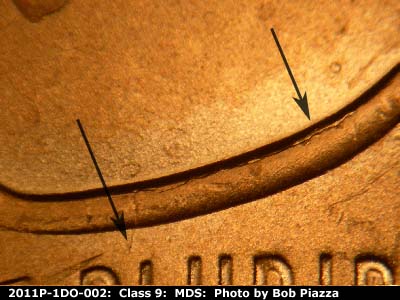 Die-stage B marker on 2011P•1DO•002 (2011 Doubled Die Obverse).