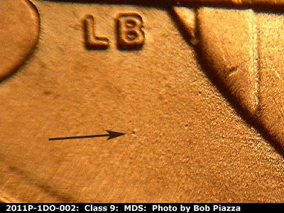 Die-stage B marker on 2011P•1DO•002 (2011 Doubled Die Obverse).