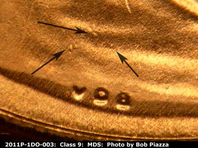 Die-stage B marker on 2011P•1DO•003 (2011 Doubled Die Obverse).