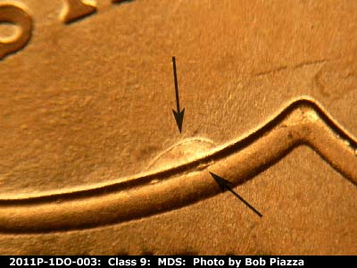 Die-stage B marker on 2011P•1DO•003 (2011 Doubled Die Obverse).