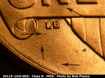 Die-stage B marker on 2011P•1DO•003 (2011 Doubled Die Obverse).