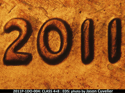 Die-stage A marker on 2011P•1DO•004 (2011 Doubled Die Obverse).