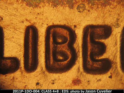 Die-stage A marker on 2011P•1DO•004 (2011 Doubled Die Obverse).