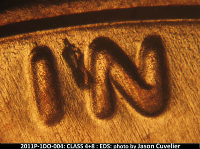 Die-stage A marker on 2011P•1DO•004 (2011 Doubled Die Obverse).