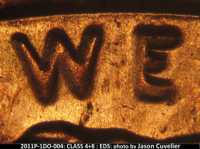 Die-stage A marker on 2011P•1DO•004 (2011 Doubled Die Obverse).