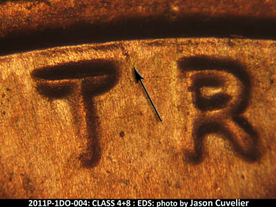 Die-stage A marker on 2011P•1DO•004 (2011 Doubled Die Obverse).