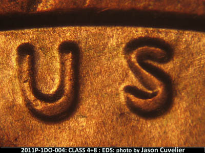 Die-stage A marker on 2011P•1DO•004 (2011 Doubled Die Obverse).