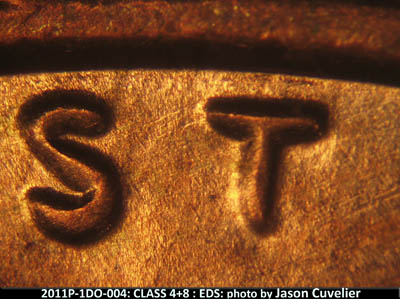 Die-stage A marker on 2011P•1DO•004 (2011 Doubled Die Obverse).