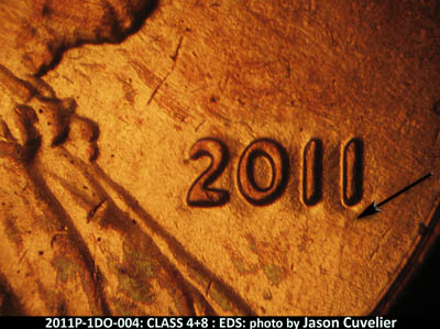 Die-stage A marker on 2011P•1DO•004 (2011 Doubled Die Obverse).