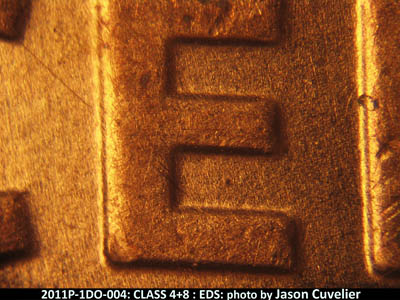 Die-stage A marker on 2011P•1DO•004 (2011 Doubled Die Obverse).