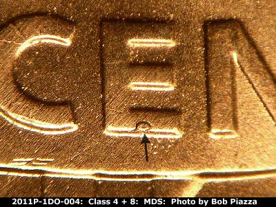Die-stage B marker on 2011P•1DO•004 (2011 Doubled Die Obverse).