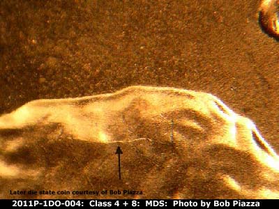 Die-stage B marker on 2011P•1DO•004 (2011 Doubled Die Obverse).