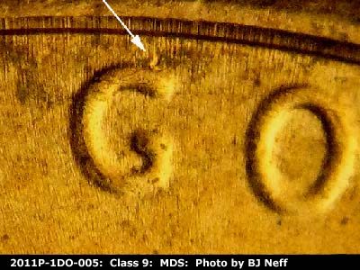 Die-stage B marker on 2011P•1DO•005 (2011 Doubled Die Obverse).