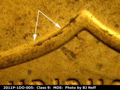 Die-stage B marker on 2011P•1DO•005 (2011 Doubled Die Obverse).