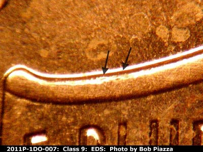 Die-stage A marker on 2011P•1DO•007 (2011 Doubled Die Obverse).
