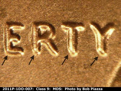 Die-stage B marker on 2011P•1DO•007 (2011 Doubled Die Obverse).